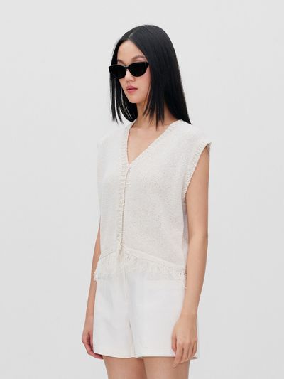 RE RHEE Frayed-Hem Knit Vest- Bone