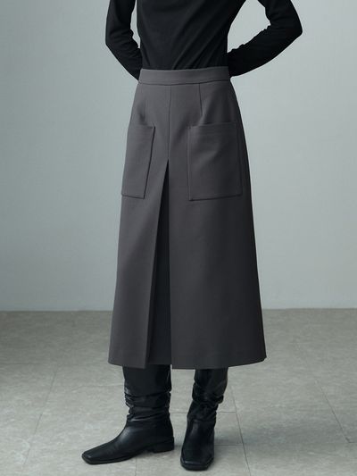 RE RHEE Front Pocket Long Skirt_Khaki Gray