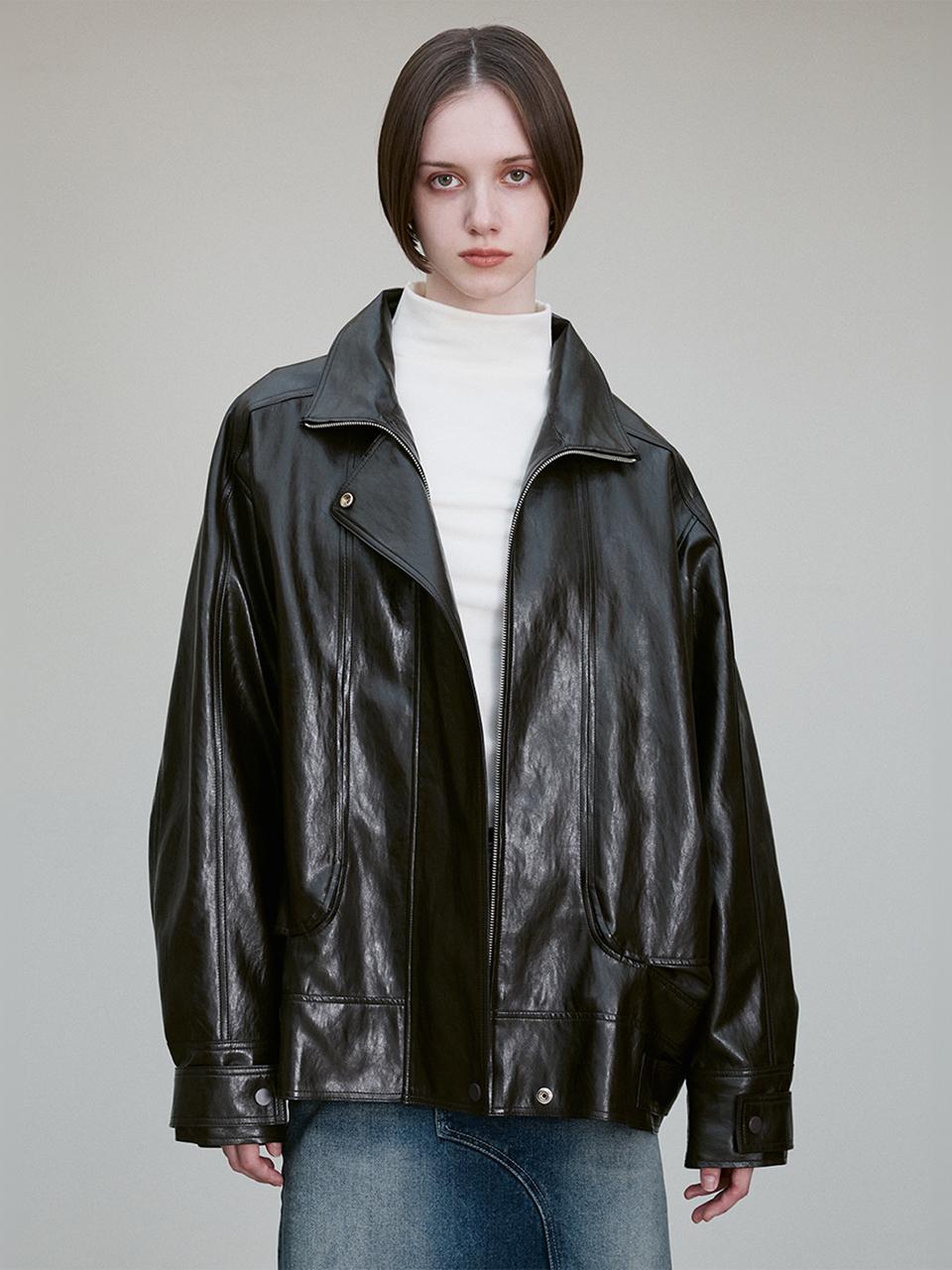 RE RHEE FUNNEL NECK FAUX LEATHER JACKET