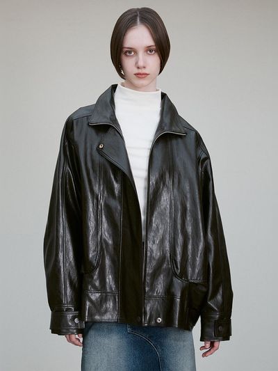 RE RHEE FUNNEL NECK FAUX LEATHER JACKET