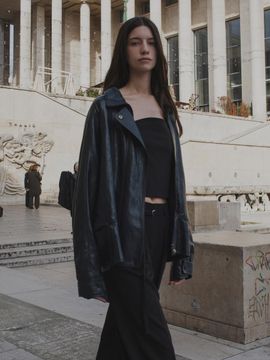 RE RHEE FUNNEL NECK VEGAN LEATHER JACKET [MIDNIGHT NAVY]
