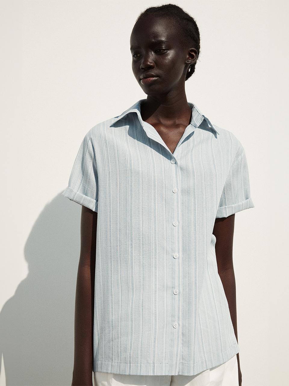 RE RHEE Half Sleeves Stripe Oversized Shirt