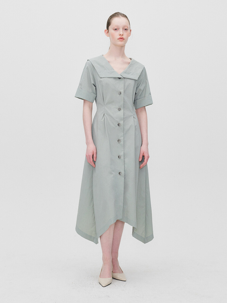RE RHEE Handkerchief Hem Midi Dress - Mint Gray