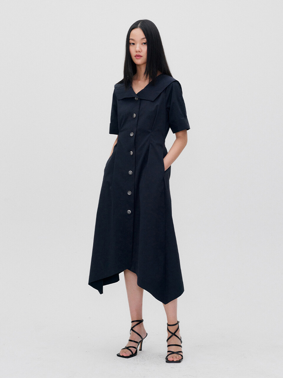 RE RHEE Hankerchief Hem Midi Dress - Midnight Navy
