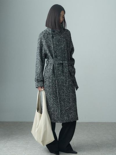 RE RHEE HIGH NECK BELTED HERRINGBONE COAT