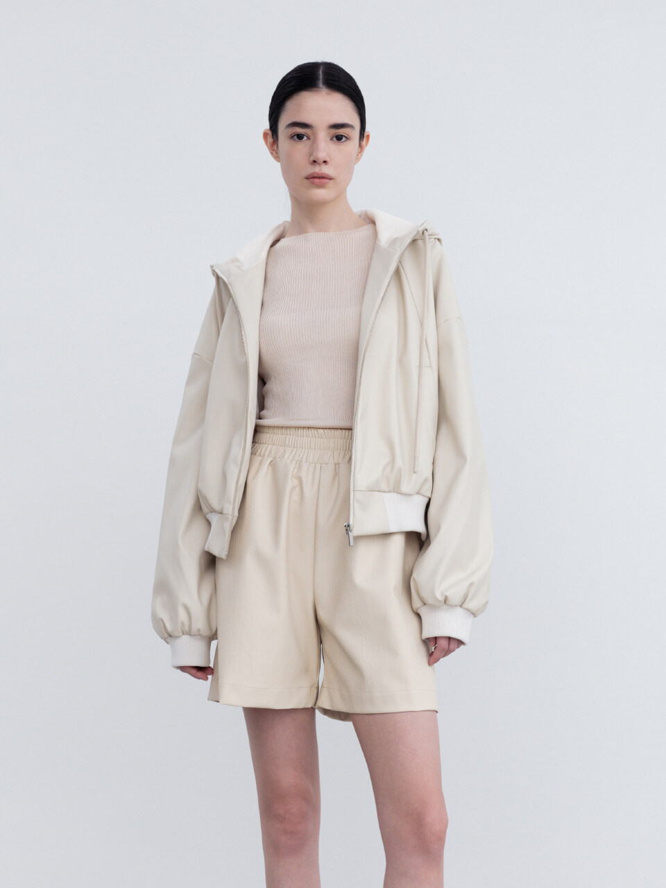RE RHEE Hooded Faux Leather Jacket