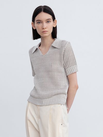RE RHEE Knitted Short Sleeves Collared Top_Melange Beige