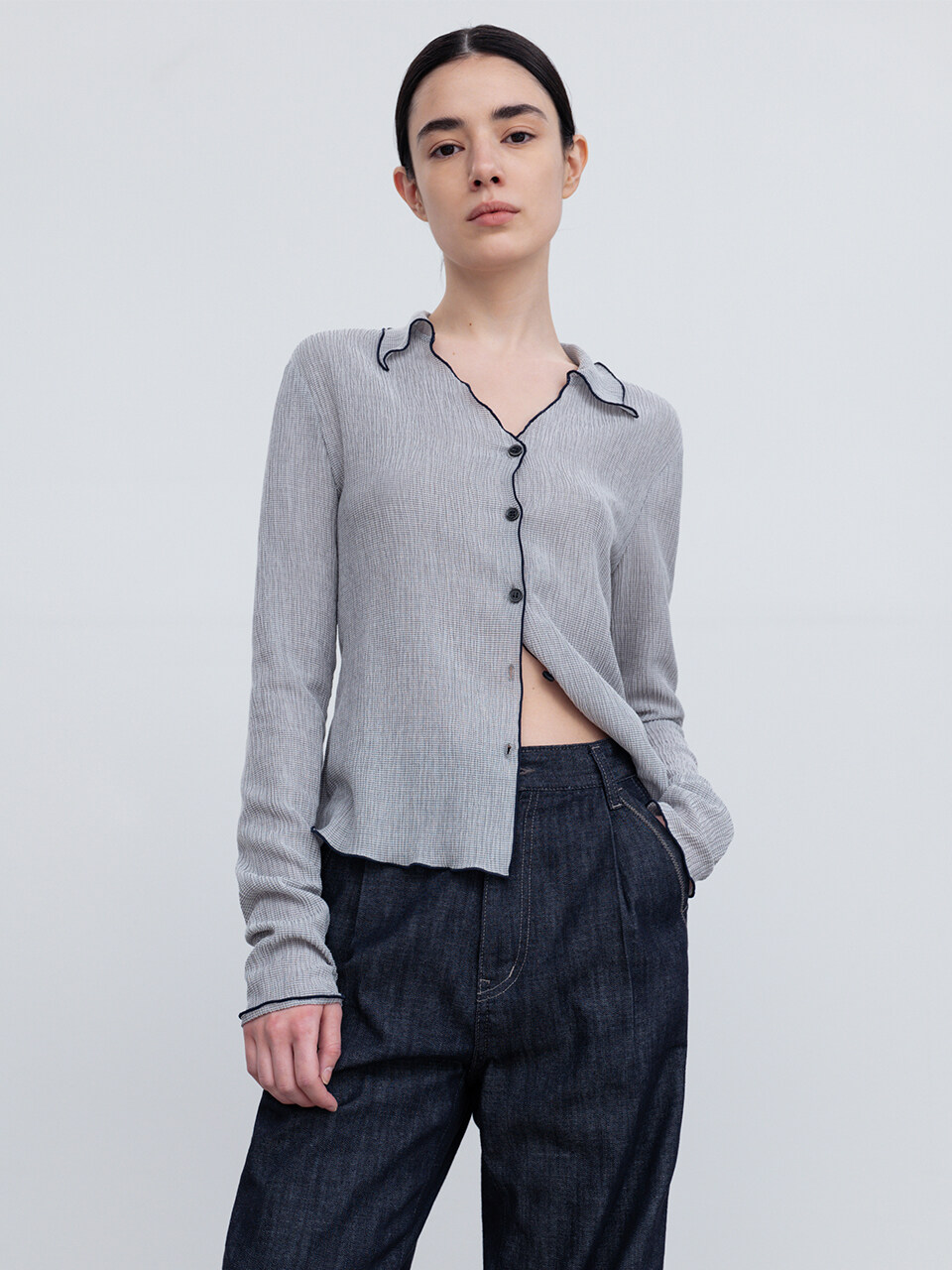 RE RHEE Lettuce Hem Blouse Top