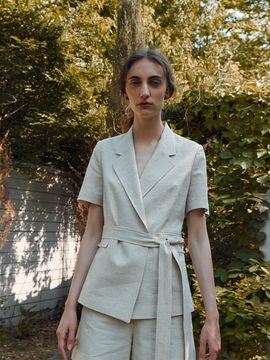 RE RHEE Linen Blend Wrap Jacket_Ecru