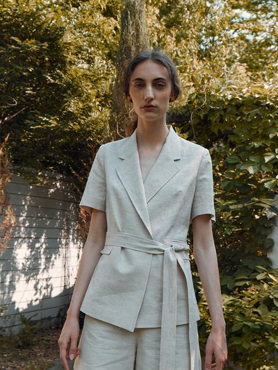 RE RHEE Linen Blend Wrap Jacket_Ecru