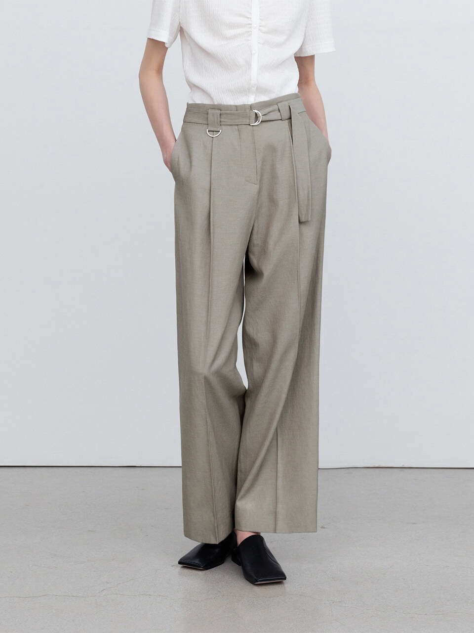 RE RHEE Linen Wide Leg Belted Trouser _ Dried Green