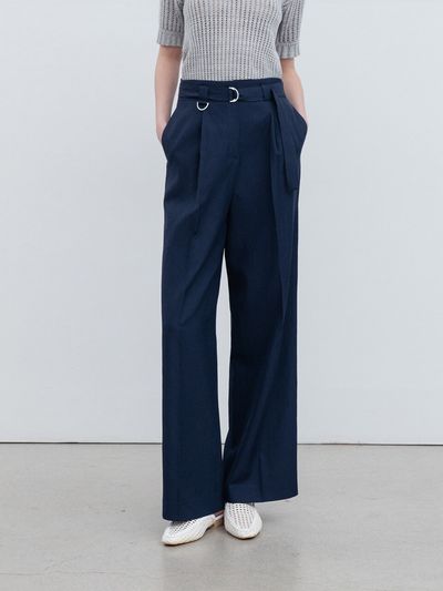 RE RHEE Linen Wide Leg Belted Trouser _ Navy
