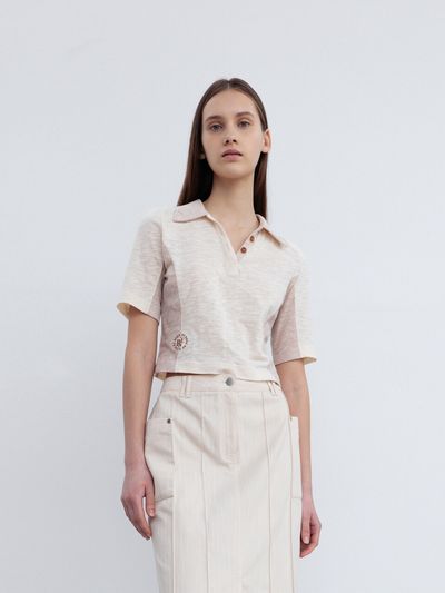 RE RHEE Logo Embroidered Cropped Polo Top