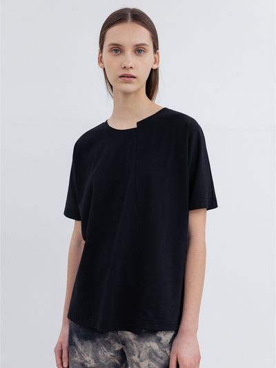 RE RHEE Logo Embroidery Unbalanced Cut Top (Black)