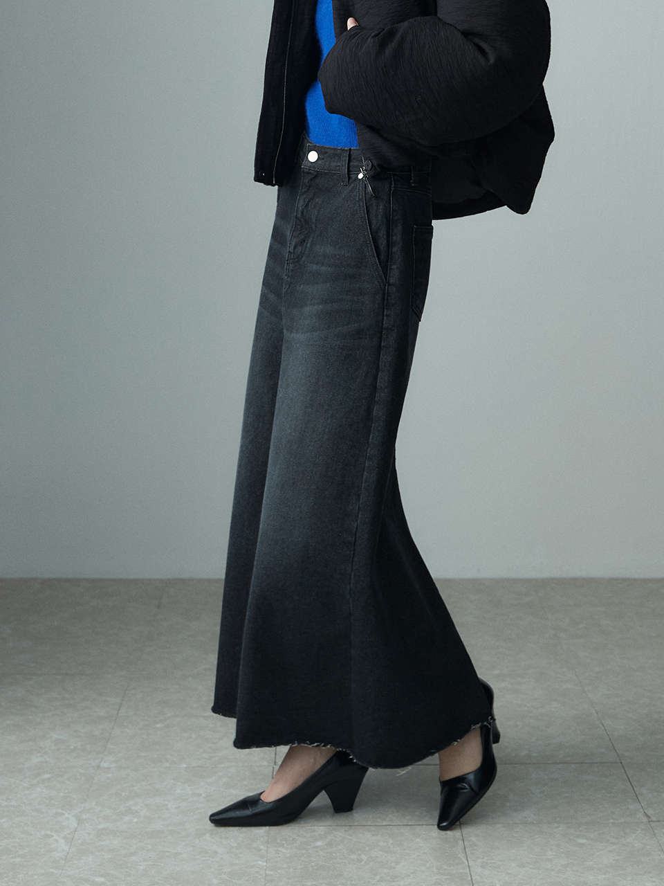 RE RHEE Maxi Washing Denim Skirt_Washed Black