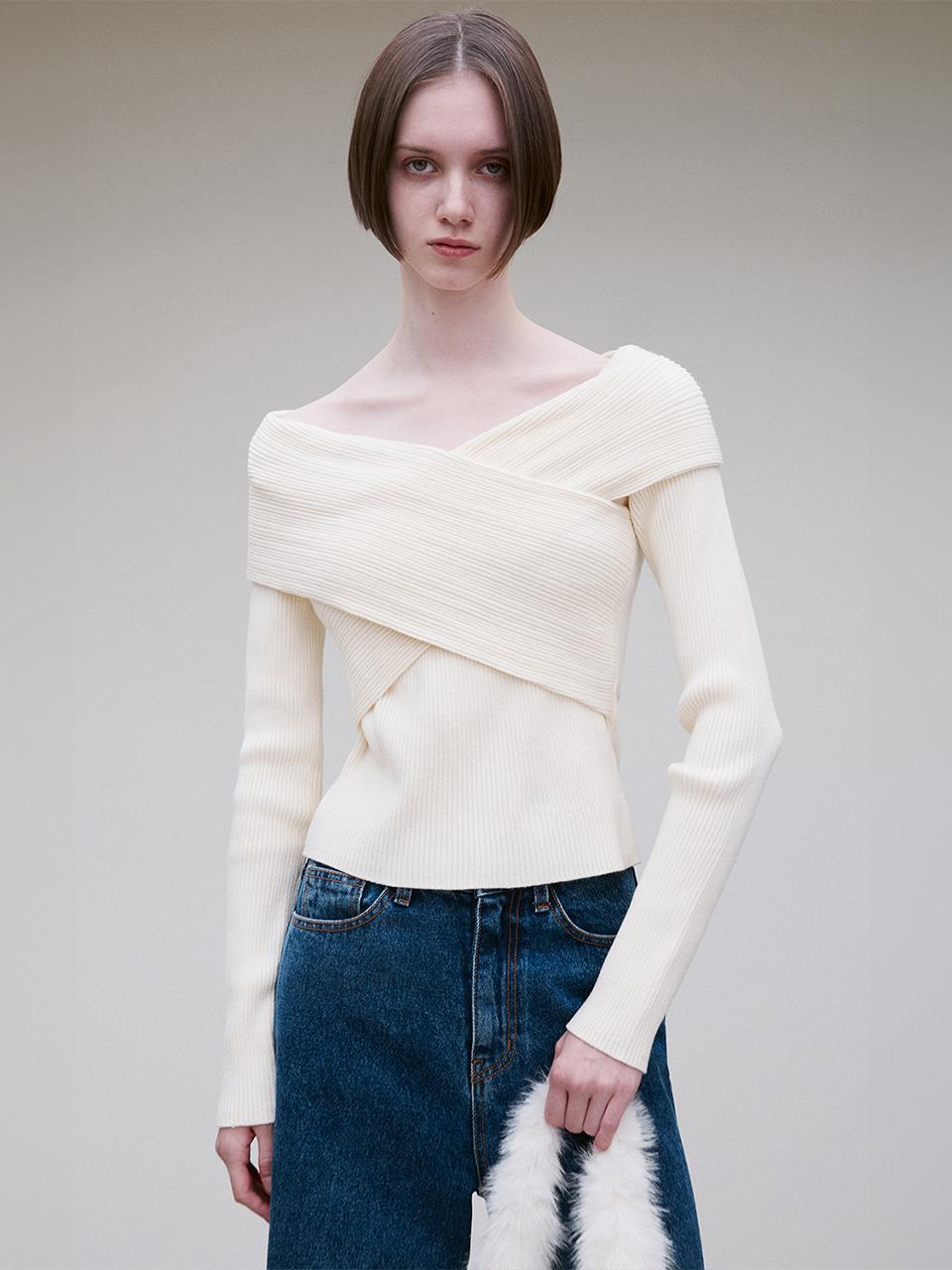 RE RHEE OFF - SHOULDER CROSS RIBBED TOP BUTTER