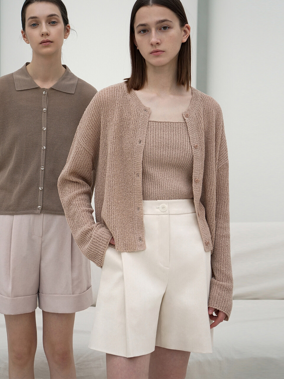 RE RHEE Pleated High Rise Cotton Shorts
