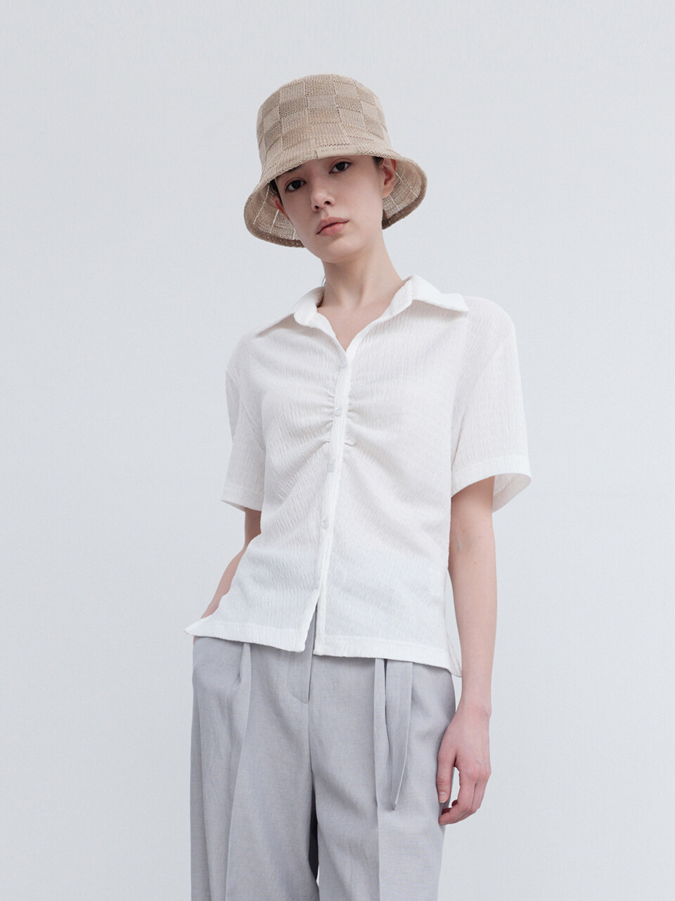 RE RHEE Ruched Side Slit Blouse Top