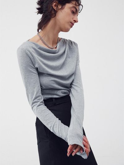 RE RHEE Shirring Drape Long Sleeve Top - Melange Gray