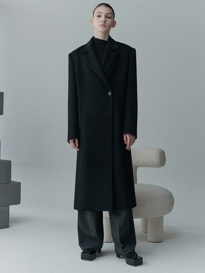 RE RHEE Single Breasted Cashmere and Wool Blend Coat_Black