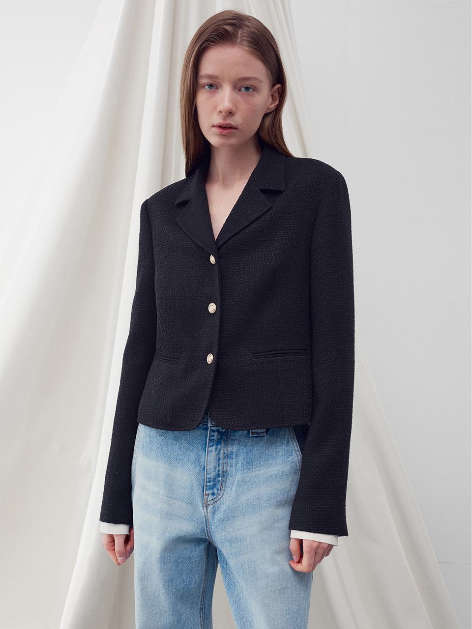 RE RHEE Single Breasted Tweed Jacket - Black