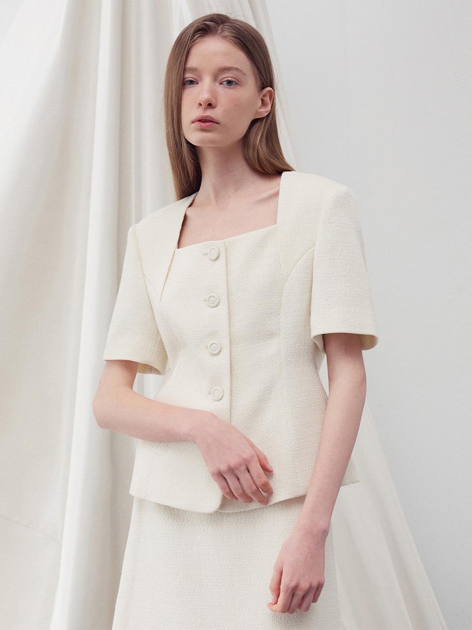 RE RHEE Square Neck Half Sleeves Tweed Jacket