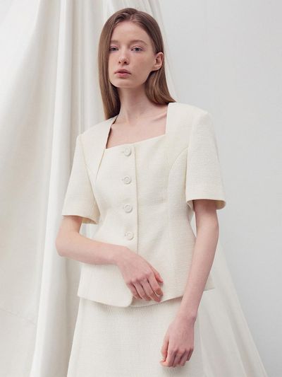 RE RHEE Square Neck Half Sleeves Tweed Jacket