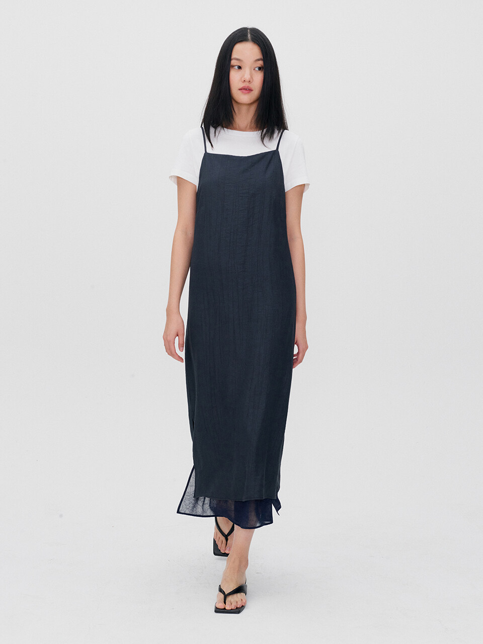 RE RHEE Square Neck Layered Midi Dress - Midnight Navy