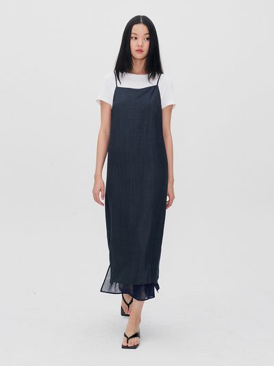 RE RHEE Square Neck Layered Midi Dress - Midnight Navy