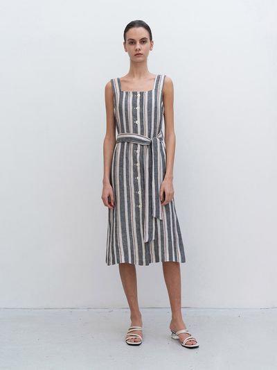 RE RHEE Striped Herringbone Sleeveless Belted Dress