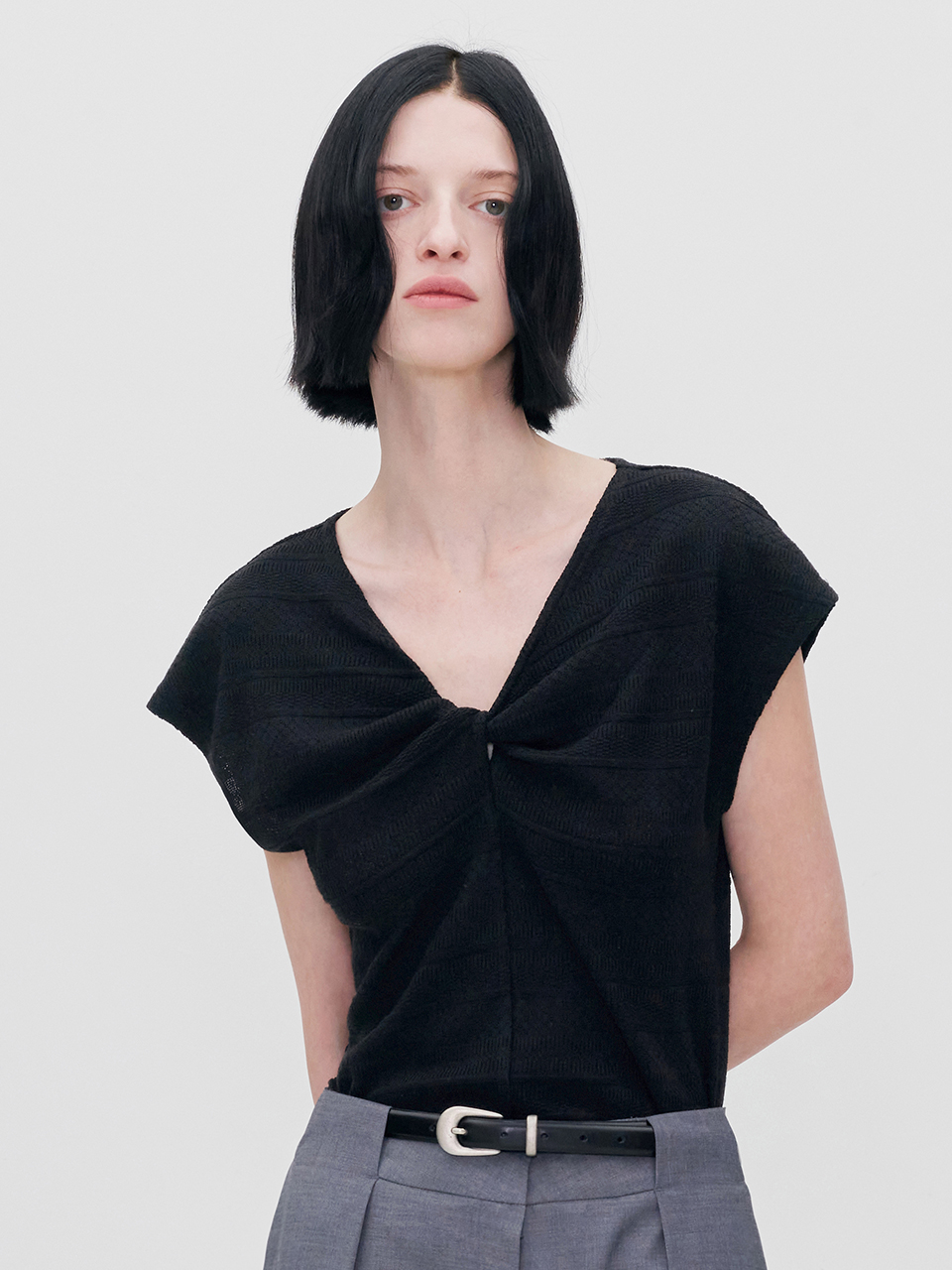 RE RHEE Twist Front Crocheted Top_Black