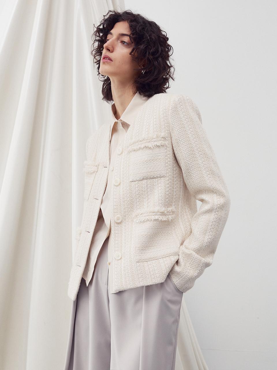 RE RHEE V-neck Pocket Tweed Jacket