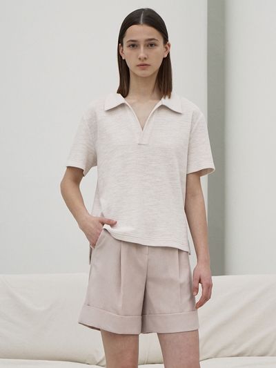 RE RHEE V Neck Collared Cotton Blend T-shirt_Beige