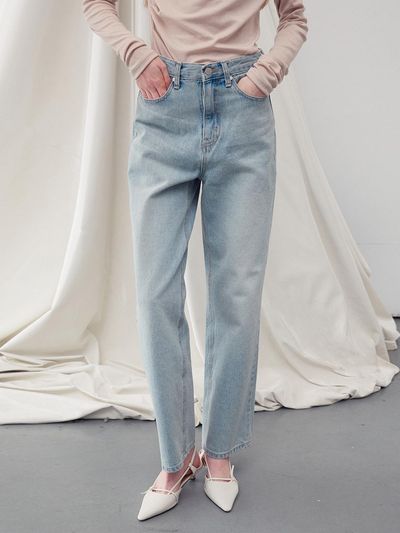 RE RHEE Washed Denim Straight Leg Jeans - Light Blue