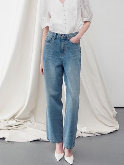 RE RHEE Washed Denim Straight Leg Jeans - Washed Blue