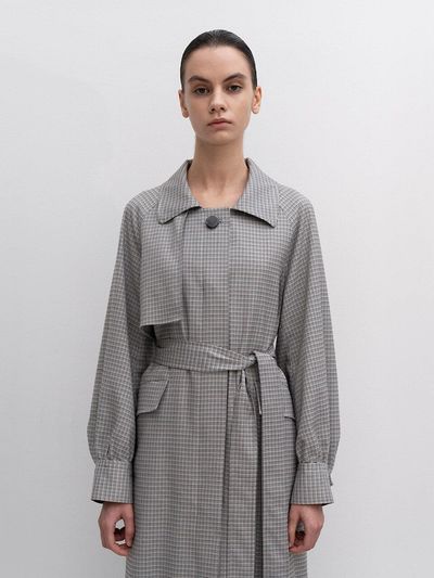 RE RHEE Whitney Hounds Tooth Trench Coat Sky Blue