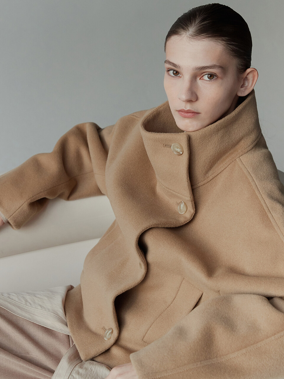 RE RHEE Wool Blend High Neck Cropped Jacket