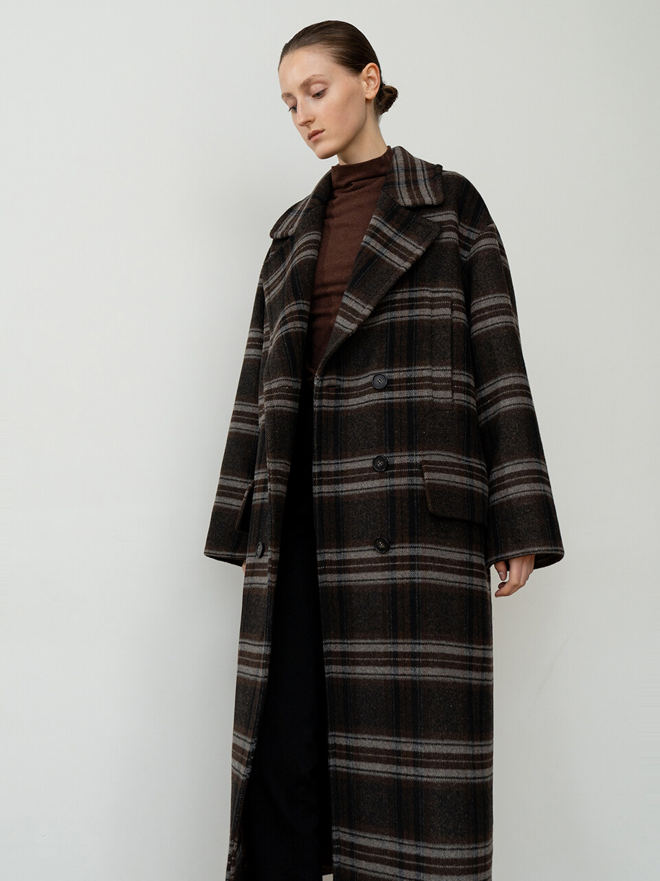 RE RHEE WOOL BLEND OVERSIZED CHECKED COAT BROWN