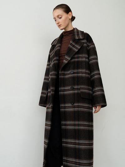 RE RHEE WOOL BLEND OVERSIZED CHECKED COAT BROWN