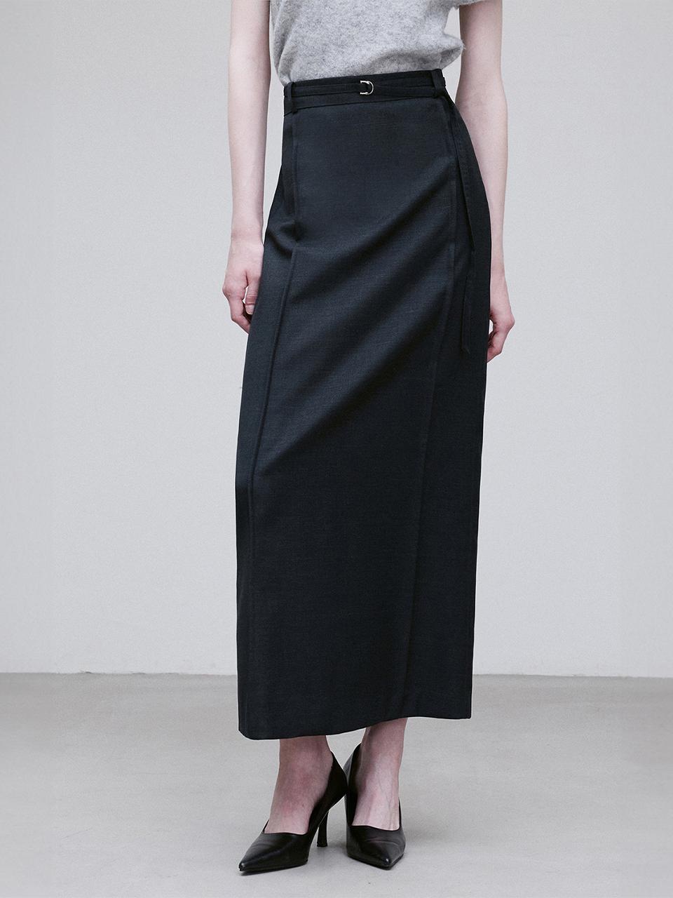 RE RHEE WOOL BLEND SEAMED MIDI SKIRT CHARCOAL