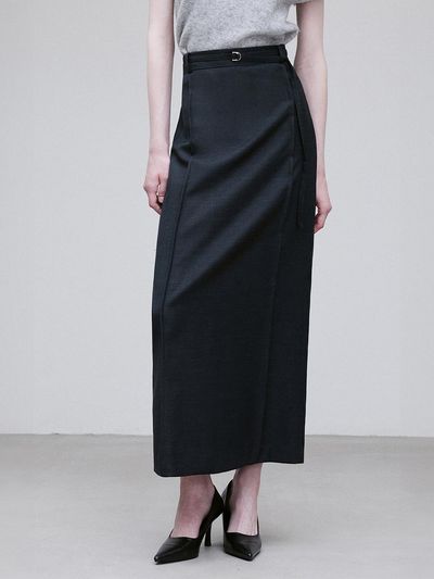 RE RHEE WOOL BLEND SEAMED MIDI SKIRT CHARCOAL