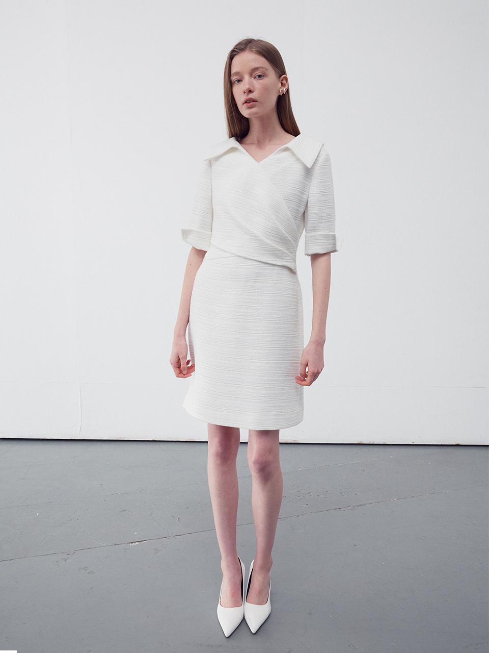 RE RHEE Wrap Front Tweed Dress - White