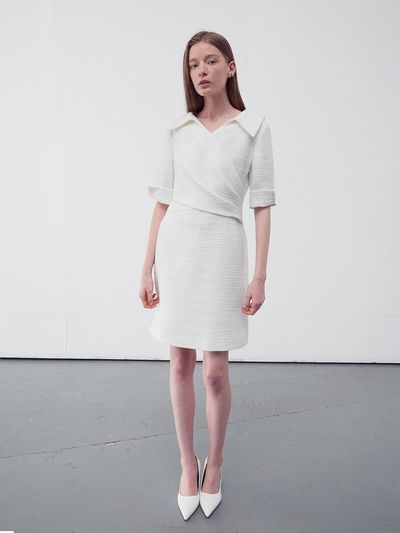 RE RHEE Wrap Front Tweed Dress - White