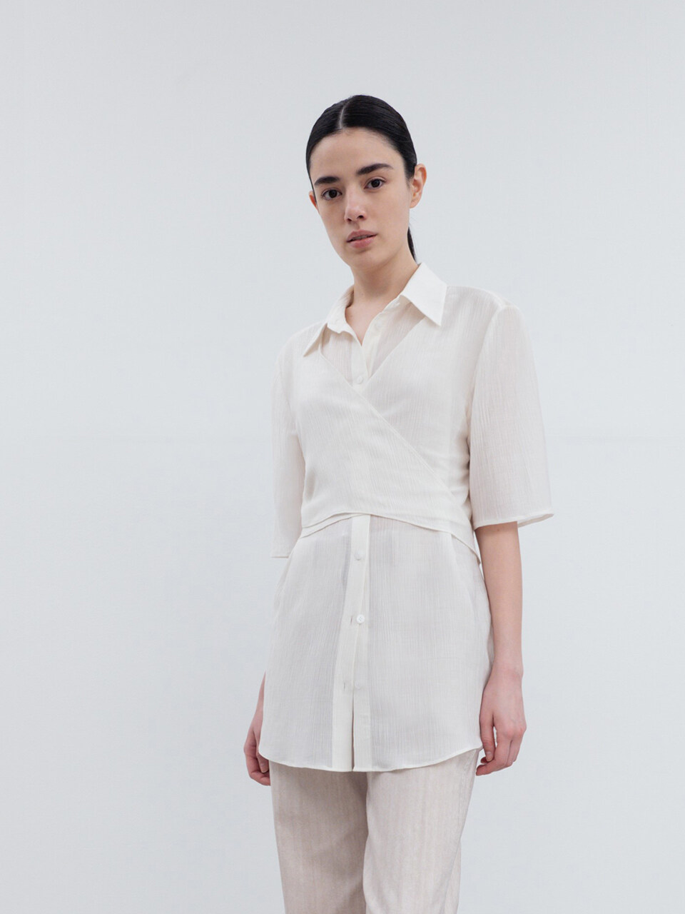 RE RHEE Wrap Waist Shirred Blouse White