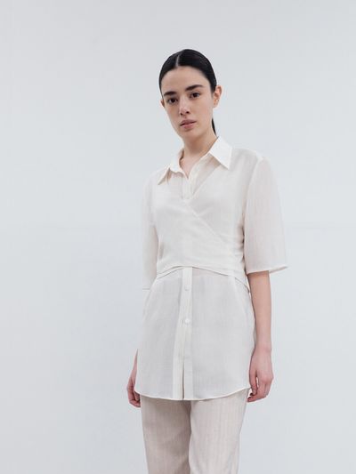 RE RHEE Wrap Waist Shirred Blouse White