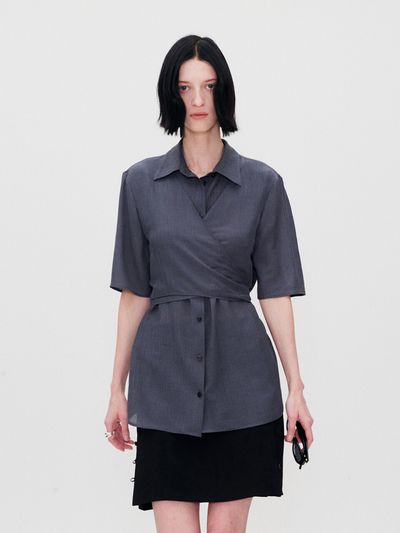 RE RHEE Wrap Waist Shirred Blouse_Charcoal