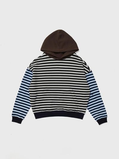 REALITY FICTION Colorblock Stripe Cotton Hoodie [Indigo]
