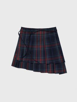 REALITY FICTION Pleated Wraparound Asymmetrical Skirt [Navy Check]