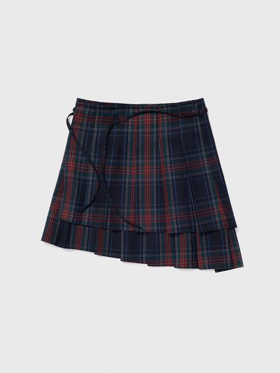 REALITY FICTION Pleated Wraparound Asymmetrical Skirt [Navy Check]