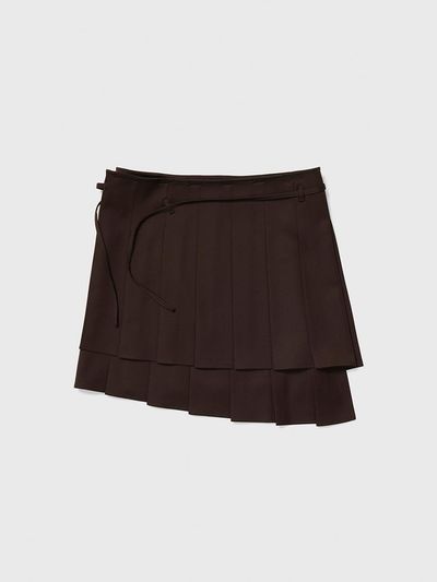 REALITY FICTION Pleated Wraparound Wool-Polyester Skirt [Brown]